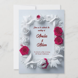 Blooming red and white rose flower frame wedding invitation