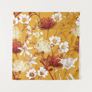 Blooming Retro: Unfinished Floral Line Art Tapestry