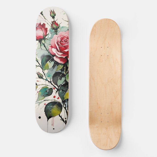 Blooming Roses Watercolor Skateboard (Front)