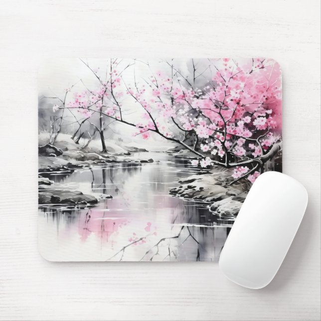 Blooming Sakura over River Ink Painting Mouse Pad (With Mouse)
