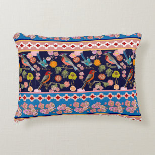 Blooming Summer Flowers and Playful Paradise Birds Accent Pillow