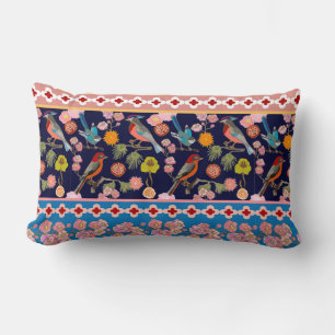 Blooming Summer Flowers and Playful Paradise Birds Lumbar Pillow