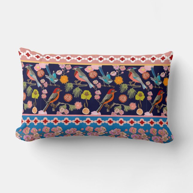 Blooming Summer Flowers and Playful Paradise Birds Lumbar Pillow (Front)