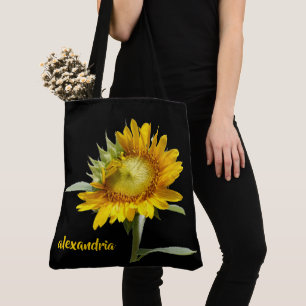 Blooming Sunflower on black, personalized Tote Bag