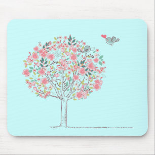 Blooming Tree and Birds in Love Mouse Pad