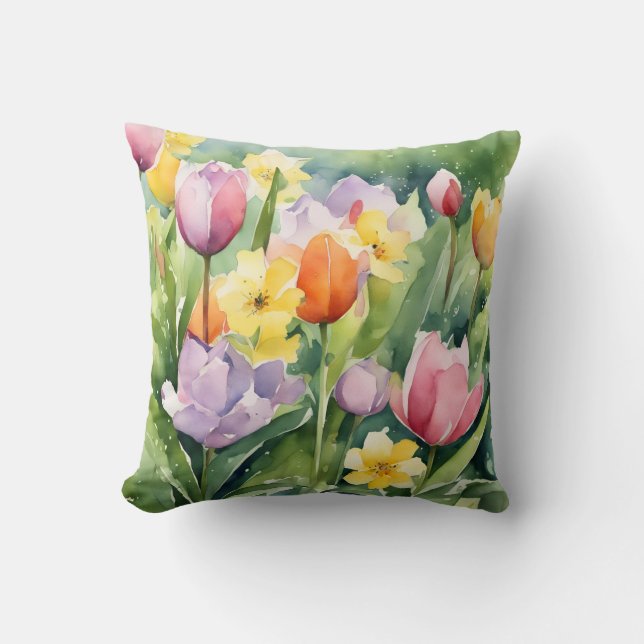 Blooming Tulips in watercolors Throw Pillow (Front)