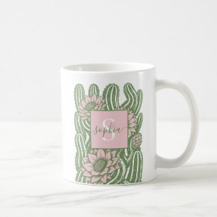 Blooming twisted cactus linocut print sage green coffee mug