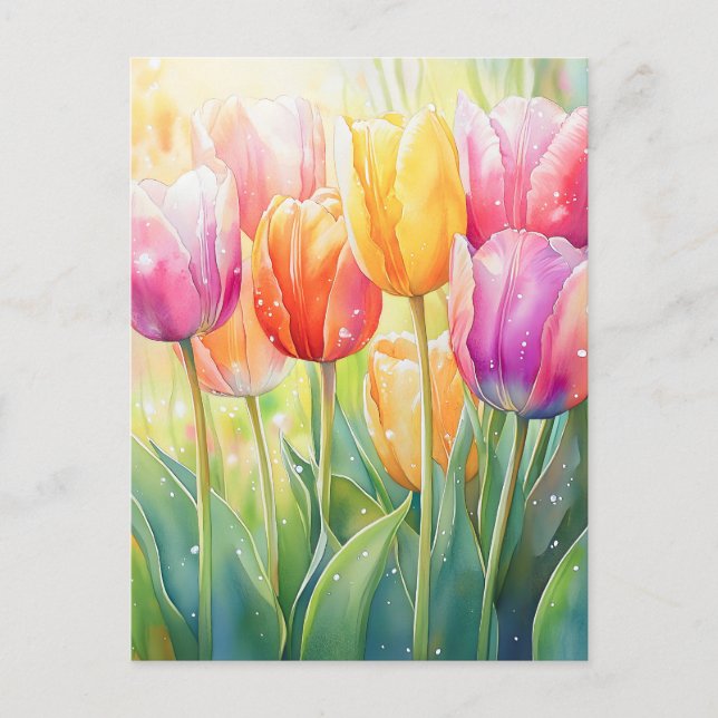 Blooming Watercolor Spring Tulip Garden Announcement Postcard (Front)