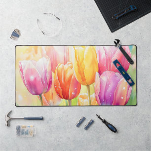 Blooming Watercolor Spring Tulip Garden Desk Mat