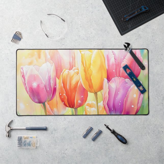 Blooming Watercolor Spring Tulip Garden Desk Mat (Workstation)