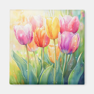 Blooming Watercolor Spring Tulip Garden Magnet
