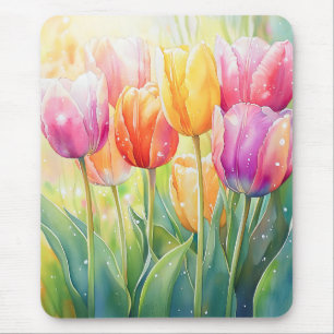 Blooming Watercolor Spring Tulip Garden Mouse Pad