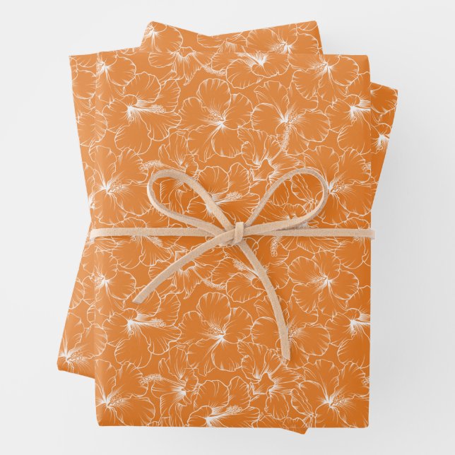 Blooming White Hibiscus Flowers on Orange Wrapping Paper Sheet (In situ)