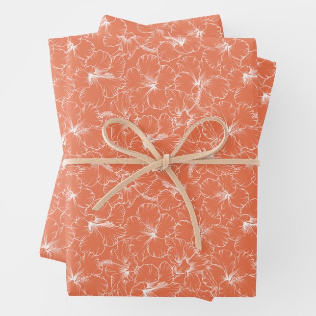 Blooming White Hibiscus Flowers on Peach Wrapping Paper Sheet (In situ)