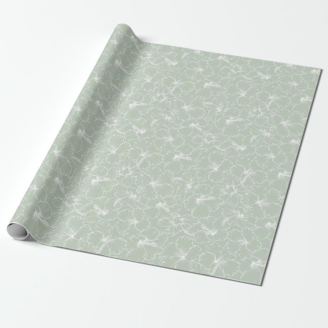 Blooming White Hibiscus Flowers on Sage Green Wrapping Paper (Unrolled)