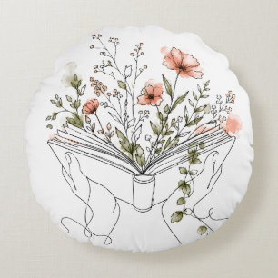 Blooms Book Botanical Line Art Round Pillow