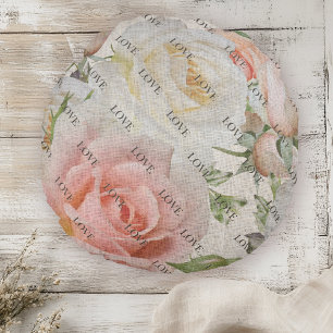 Blooms of Love: Pink and White Roses On Linen Round Pillow