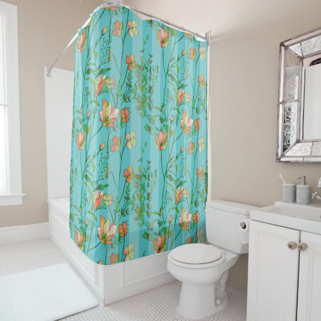 Blooms on Aqua Blue Striped Background (In Situ)