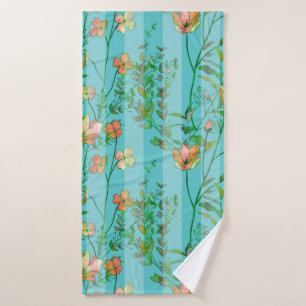 Blooms on Aqua Blue Striped Background Bath Towel