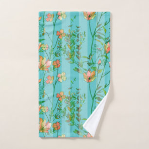 Blooms on Aqua Blue Striped Background Hand Towel
