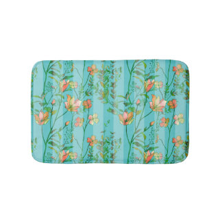 Blooms on Blue Striped Background Bath Mat