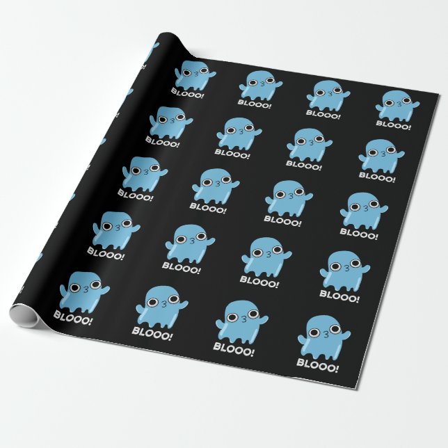 Blooo Funny Blue Ghost Pun Dark BG Wrapping Paper (Unrolled)
