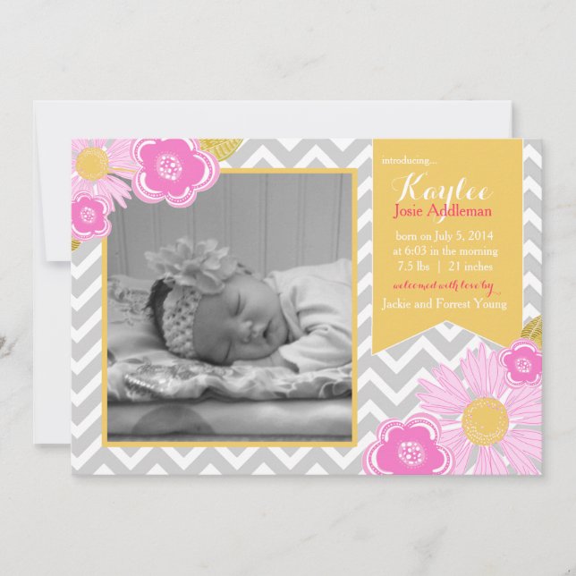 Blossom Chevron Baby Girl birth announcement Pink (Front)