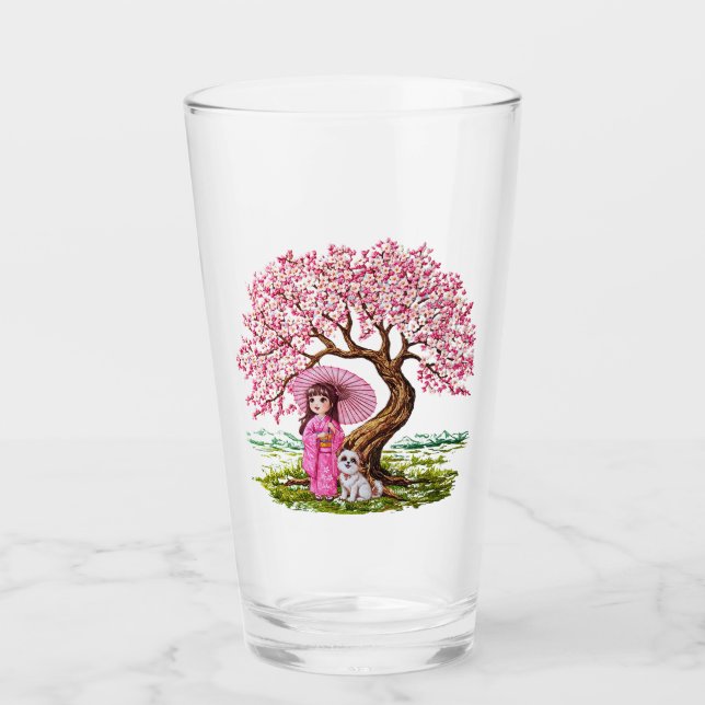 Blossom Dreams: Kimono Girl & Puppy Glass (Front)