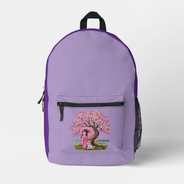 Blossom Dreams: Kimono Girl & Puppy Printed Backpack (Front)