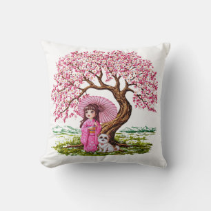 Blossom Dreams: Kimono Girl & Puppy Throw Pillow
