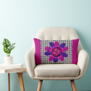 Blossom in Pink and Purple on Black and White Lumbar Pillow