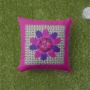 Blossom in Pink and Purple on Black and White Outdoor Pillow