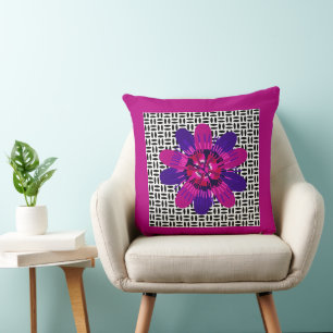 Blossom in Pink and Purple on Black and White Throw Pillow