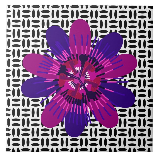 Blossom in Pink and Purple on Black and White Tile (Front)