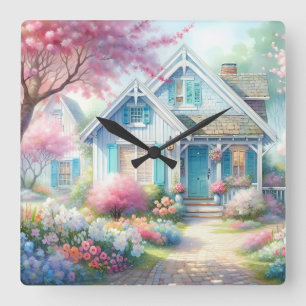 Blossom Lane Blue Cottage Garden Square Wall Clock