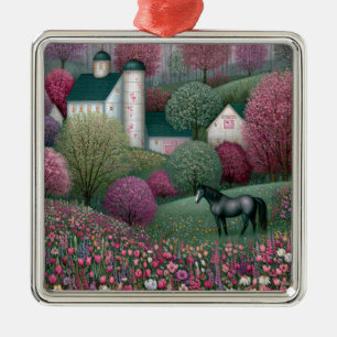 Blossom Meadow Hillside Horse Farm Metal Ornament