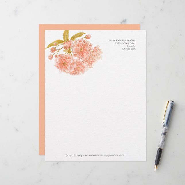 Blossom peach olive green white watercolor letterhead (Front/Back In Situ)