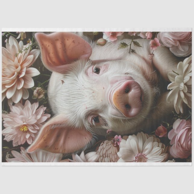 Blossom Snout Pig Pink Flowers Decoupage Tissue Paper (Front)