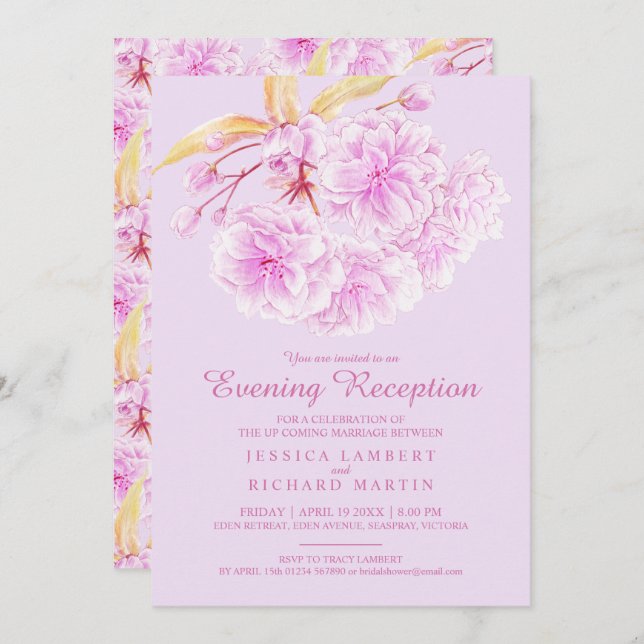 Blossom spring light purple evening reception invitation (Front/Back)