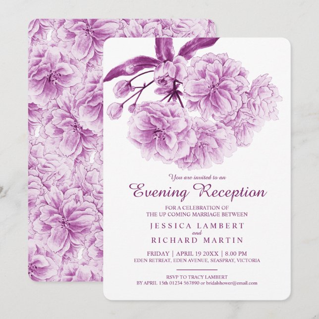Blossom spring purple dusk evening reception invitation (Front/Back)