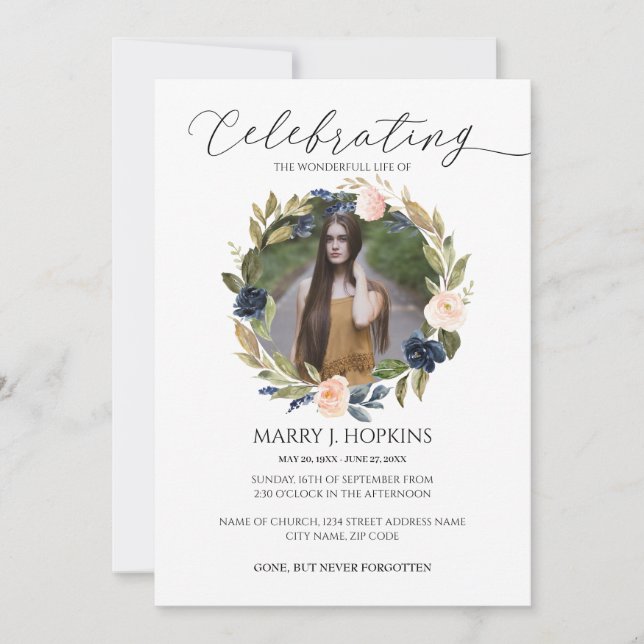 Blossom Wreath Photo Celebration of Life Invitation (Front)