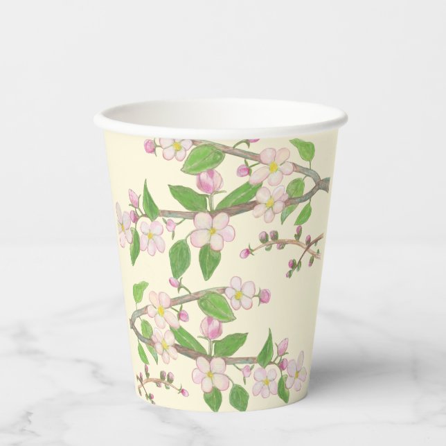 Blossoming Apple Tree Branch Illustration  Paper Cups (Front)