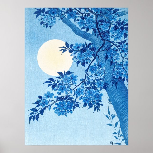 Blossoming Cherry Moonlit Night Ohara Koson Blue18 Poster (Front)