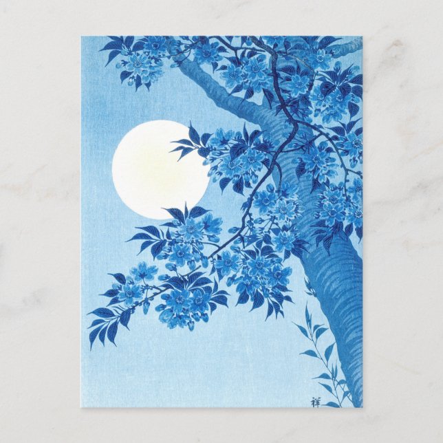 Blossoming Cherry Moonlit Night Ohara Koson Blue Postcard (Front)