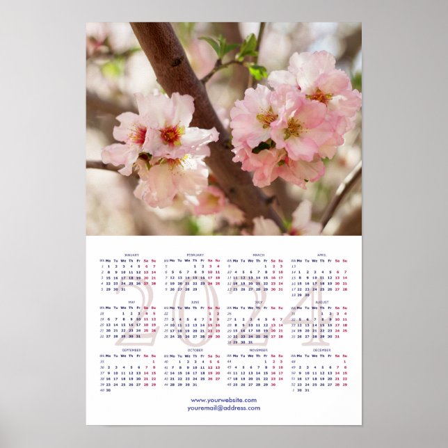 Blossoming cherry tree Calendar 2024 with holidays Poster (Front)