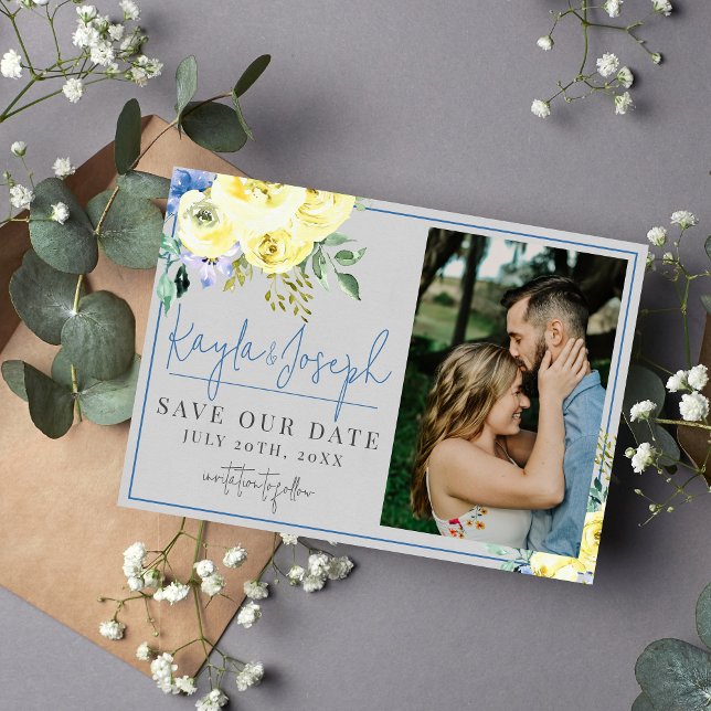 Blossoming Love Blue Yellow Floral Summer Spring Save The Date (Creator Uploaded)