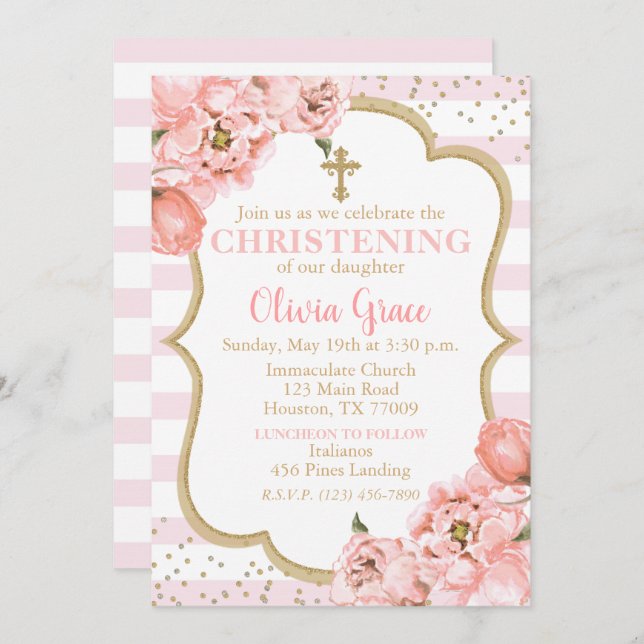 Blossoming Peonies Pink Blush & Gold Christening Invitation (Front/Back)