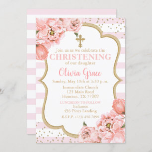 Blossoming Peonies Pink Blush & Gold Christening Invitation