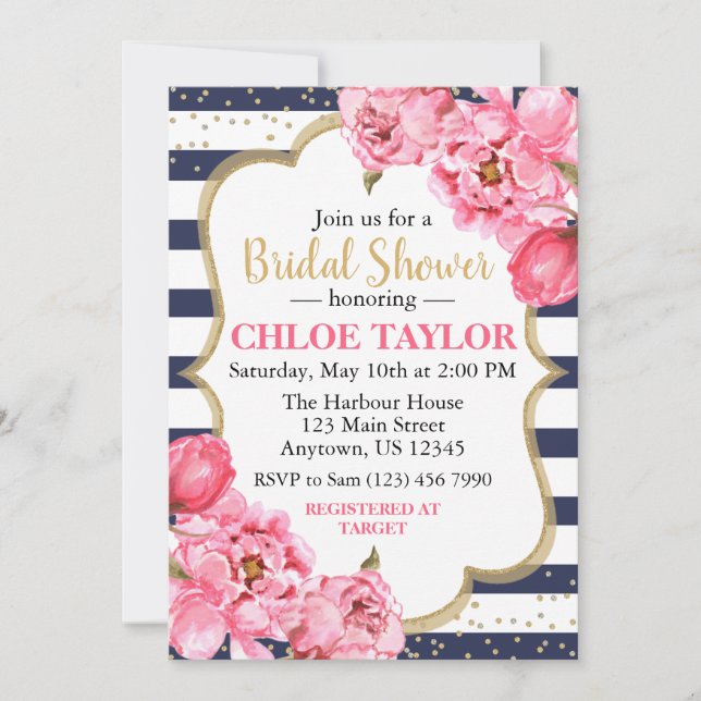 Blossoming Peonies Pink & Navy Bridal Shower Invitation (Front)