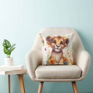 Blossoming SavannaFloral Lion Cub Nursery Throw Pillow
